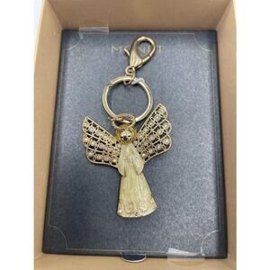 Monet GoldTone Key Ring Yellow Enamel Angel W/AB Rhinestone Wings NIB Whimsical